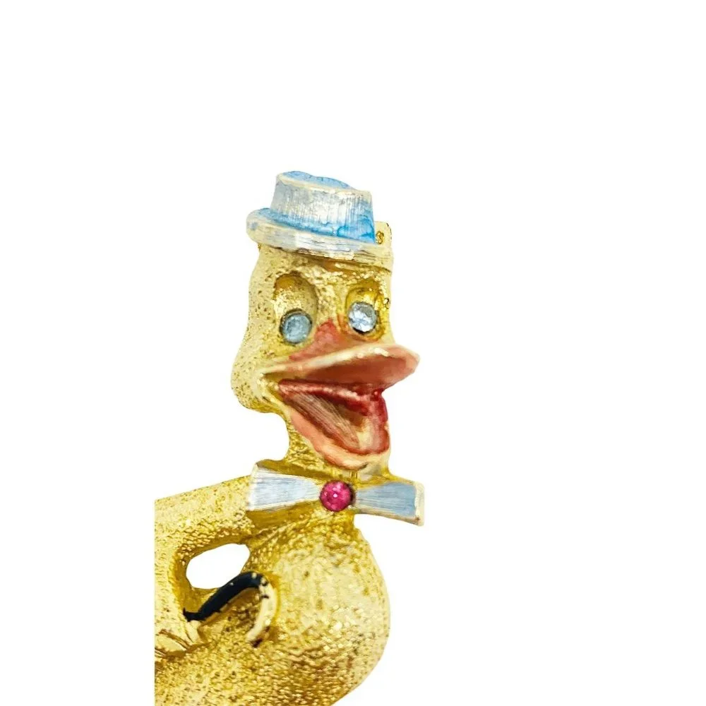 Vintage 1960s Duck Brooch | Gold Blue Rhinestone Eyes B.J. Pin